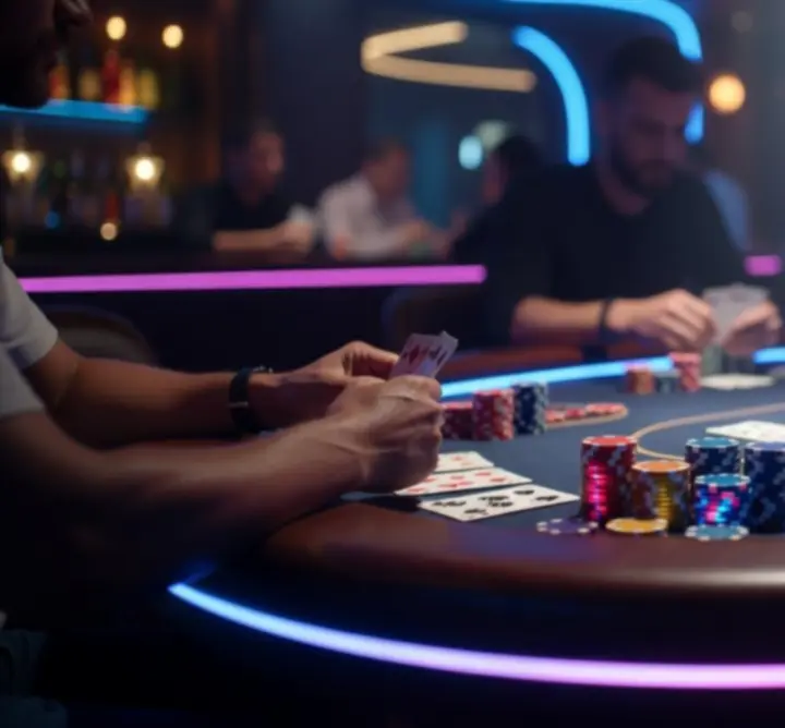 Poker asztalok neon fényekkel és sötét, klub jellegű háttérrel.